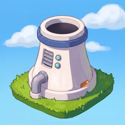 A cartoon illustration of a futuristic white cooling tower or reactor on a patch of grass against a blue sky, appearing to be a game asset.