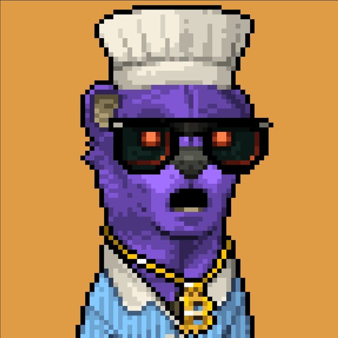 A pixel art character with purple skin, wearing a white chef's hat, dark sunglasses, a gold chain, and a light blue shirt, set against an orange background.