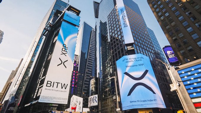 A towering billboard in New York City displays "XRP" and "BITW — Bitwise 10 Crypto Index ETF" alongside a "Welcome XRP" advertisement, promoting the Bitwise crypto ETF. The imagery aligns with the post's celebration of XRP's resurgence in NYC, highlighting institutional interest in the cryptocurrency as showcased by the prominent Times Square-style display.