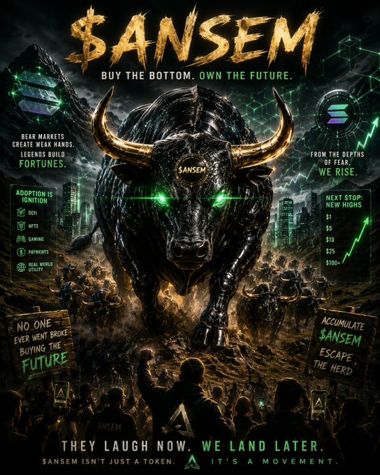 An aggressive promotional poster for $ANSEM cryptocurrency featuring a bull with glowing green eyes, with slogans like 'BUY THE BOTTOM. OWN THE FUTURE.' and 'THEY LAUGH NOW. WE LAND LATER.'