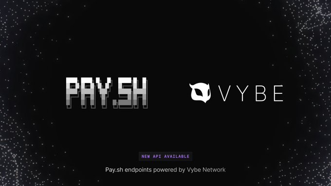 A dark promotional graphic displays the "PAY.SH" and "VYBE" logos side-by-side, with text announcing "NEW API AVAILABLE" and "Pay.sh endpoints powered by Vybe Network," visually representing the integration of Vybe Network's 46 Solana analytics endpoints into the pay.sh agent payment platform.