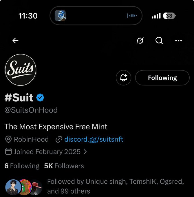 A screenshot of the #Suit Twitter/X account (@SuitsOnHood) displaying "The Most Expensive Free Mint" with 5K followers and a Discord link (discord.gg/suitsnft), advertising a giveaway for 2x guaranteed free mint spots that requires liking/reposting and joining their Discord within 48 hours.