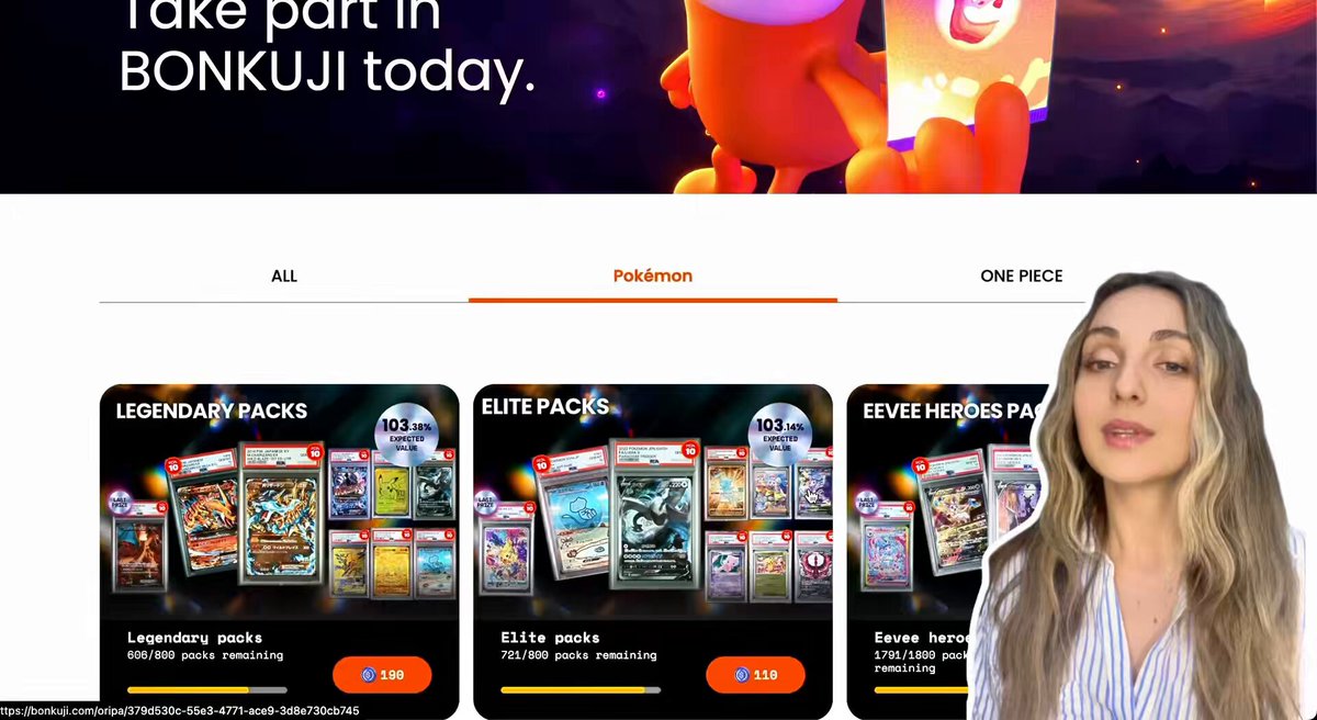 The image features a woman standing next to a computer screen displaying an advertisement for Pokémon trading cards. The advertisement showcases various Pokémon packs available for purchase, with the website's name prominently displayed at the top of the page. The woman appears to be interested in these Pokémon packs and might be considering making a purchase or sharing her excitement about them on social media platforms.