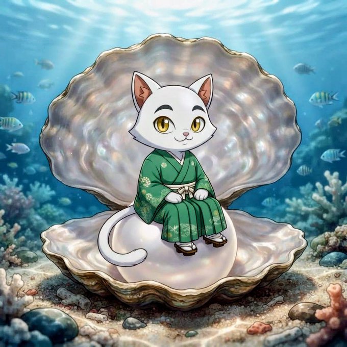 A digital illustration of a white cat wearing a green kimono, sitting on a large pearl inside an open oyster shell in an underwater coral reef setting.