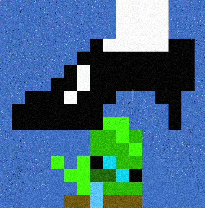 A pixel art illustration of a green, blocky zombie-like creature walking under a black and white "creeper" silhouette against a blue, grainy background, visually embodying the "Pixel Art on steroids" description of Creep Kids NFTs.