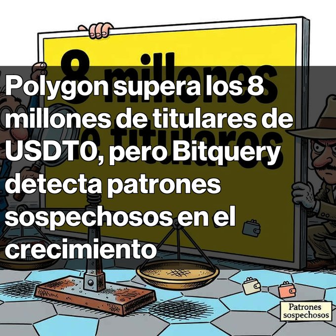 A graphic with Spanish text reading "Polygon supera los 8 millones de titulares de USDT0, pero Bitquery detecta patrones sospechosos en el crecimiento" overlaid on an illustration of figures holding a large sign.