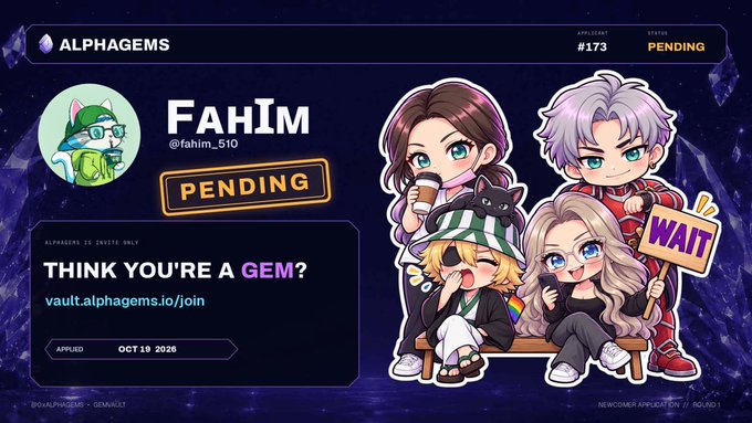A digital banner for AlphaGems featuring the username "Fahim (@fahim_510)" with "PENDING" status, application #173, and an invite-only vault link, displayed alongside chibi-style character illustrations.