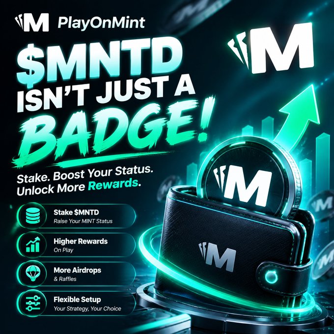 PlayOnMint promotional graphic stating '$MNTD ISN'T JUST A BADGE! Stake. Boost Your Status. Unlock More Rewards,' highlighting staking $MNTD for higher rewards and airdrops.