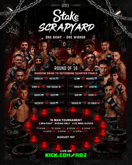 Promotional poster for the "Stake Scrapyard" 16-man MMA tournament (Round of 16) airing live on Kick on August 1st, featuring matchups like Boon vs. Motvei, Ali vs. Maximus, and Naeem vs. Pasha, with a tagline of "One Night - One Winner." The gritty, scrapyard-themed graphic directly ties to the post teasing the creator's involvement in the event, likely hinting at participation as one of the fighters in the bracket.
