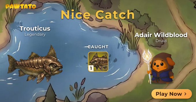 A screenshot from a game called 'PAWTATO' showing a 'Nice Catch' screen for a legendary fish called 'Trouticus' caught by the character 'Adair Wildblood', a Druid.
