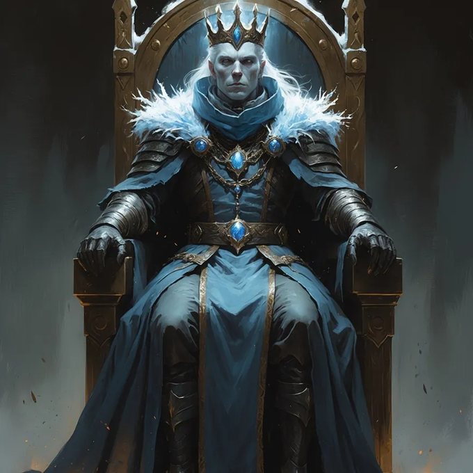 Digital artwork of a pale-skinned king wearing a blue robe and crown, seated on a large wooden throne, exuding an icy and powerful aura.