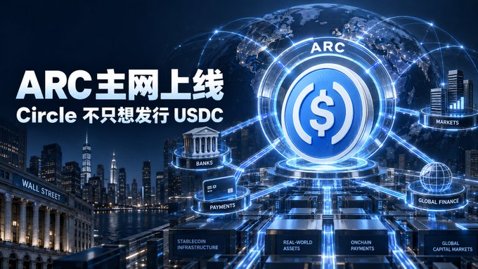 A digital promotional graphic announcing "ARC 主网上线" (ARC Mainnet Launch) with the subtitle "Circle 不只想发行 USDC," featuring a glowing blue USDC symbol connecting to nodes labeled BANKS, MARKETS, PAYMENTS, and GLOBAL FINANCE over a Wall Street background.