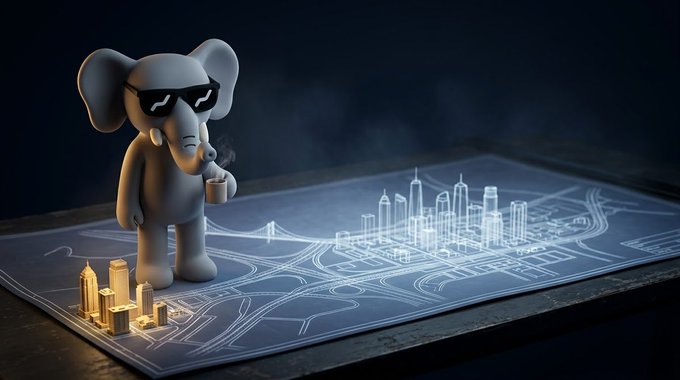A 3D rendered illustration of a stylized elephant character wearing black sunglasses and holding a steaming cup of coffee, standing on a glowing blueprint map of a cityscape with skyscrapers and roads.
