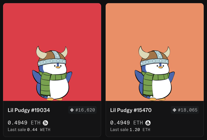 Two NFT listings for 'Lil Pudgy' characters wearing viking helmets are shown side-by-side; Lil Pudgy #19034 is listed for 0.4949 ETH with a last sale of 0.44 WETH, and Lil Pudgy #15470 is listed for 0.4949 ETH with a last sale of 1.20 ETH.