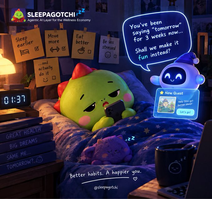 An advertisement for "SLEEPAGOTCHI - Agentic AI Layer for the Wellness Economy" featuring a grumpy green dragon-like creature scrolling on a phone in bed while an AI assistant suggests "You've been saying 'tomorrow' for 3 weeks now... Shall we make it fun instead?"