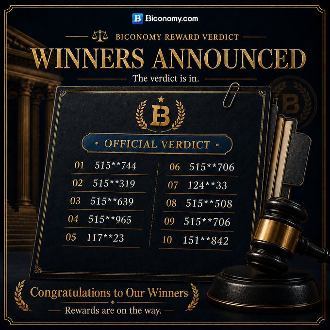 A Biconomy.com 'BICONOMY REWARD VERDICT - WINNERS ANNOUNCED' graphic featuring a legal book, gavel, and columns, listing 10 winning wallet addresses with partial numbers (e.g., 515**744, 124**33).