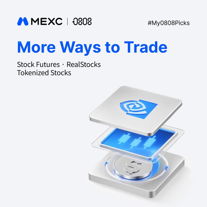 A promotional graphic from MEXC featuring the "0808" campaign with the headline "More Ways to Trade," highlighting Stock Futures, RealStocks, and Tokenized Stocks as trading options, accompanied by a 3D illustration of stacked metallic tiles displaying a shield icon, stock chart, and dollar symbol.