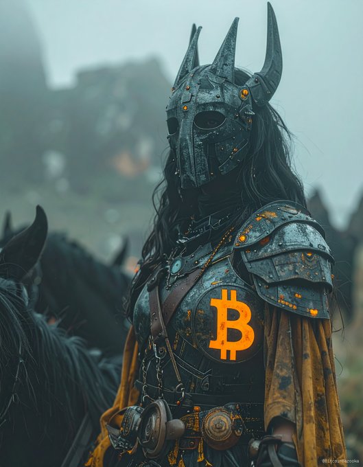An AI-generated image depicts a warrior wearing dark, horned armor with a glowing orange Bitcoin (₿) symbol on the chest plate, set against a misty battlefield.