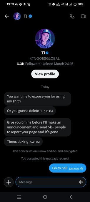 The image shows a threatening Instagram DM from account "TJ" (@TJGOESGLOBAL) demanding the recipient delete content within 5 minutes or face a mass report campaign, with a curt reply "Go to hell." The accompanying post appears to celebrate a trading success from $22k to $1.1m on $XAU (gold), suggesting the user is being attacked for their gains and is vowing to "take out the air from doubters' lungs" in response to the harassment.