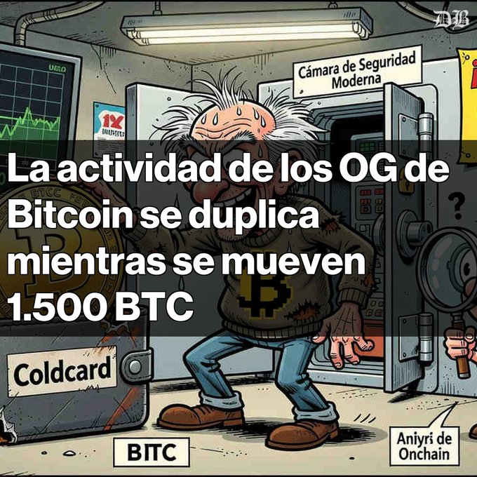 A cartoon illustration shows a nervous elderly man in a sweater with a Bitcoin logo standing in front of an open safe, with Spanish text reading 'La actividad de los OG de Bitcoin se duplica mientras se mueven 1.500 BTC' and labels including 'Coldcard', 'BTC', and 'Aniyri de Onchain'.