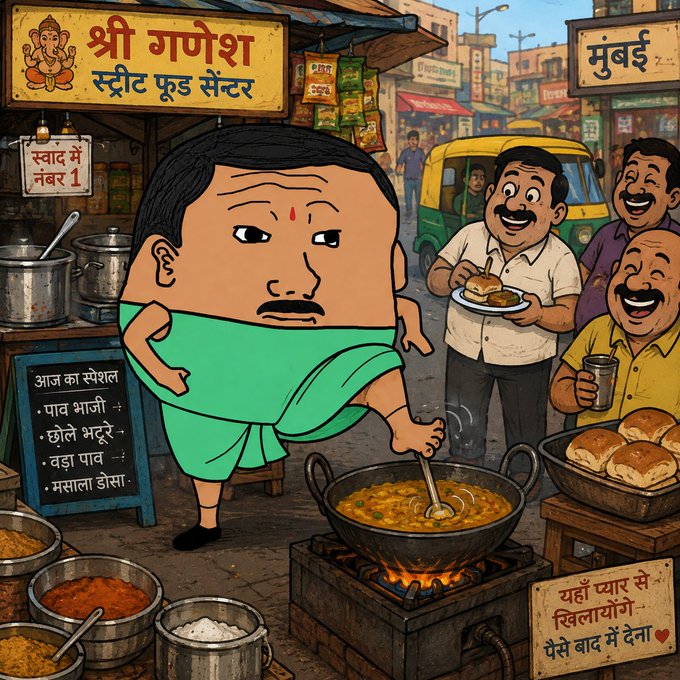 A cartoon illustration of a street food scene, likely in India, featuring a large-headed character cooking, an auto-rickshaw, and Hindi text including 'श्री गणेश स्ट्रीट फूड सेंटर'.