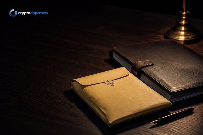A dark, moody scene featuring a leather-bound journal, a yellow envelope, and a pen on a wooden desk with a brass lamp, watermarked with 'cryptodispensers'.