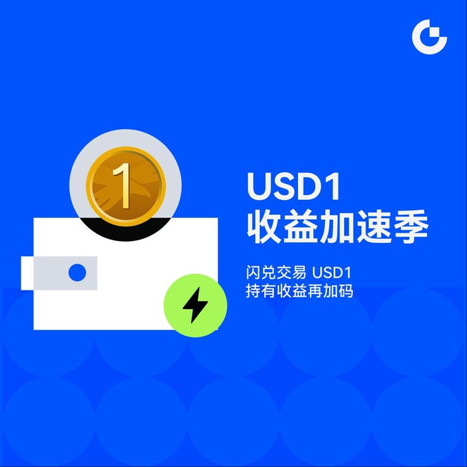 Promotional graphic with a blue background featuring a white wallet illustration containing a gold coin marked "1," alongside Chinese text "USD1 收益加速季" (USD1 Earnings Acceleration Season) and "闪兑交易 USD1 持有收益再加码" (Flash Swap USD1, Holding Earnings Boosted), promoting the USD1 flash swap trading campaign with enhanced earnings rewards.