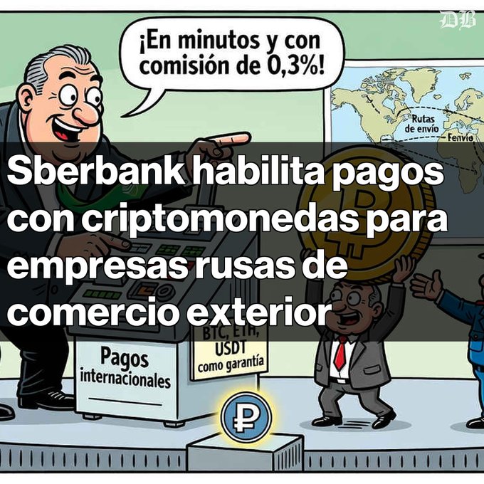 A satirical illustration of a suited man announcing '¡En minutos y con comisión de 0,3%!' with overlaid text reading 'Sberbank habilita pagos con criptomonedas para empresas rusas de comercio exterior,' featuring a Bitcoin coin and a map showing 'Rutas de envío' and 'Fenvio'.