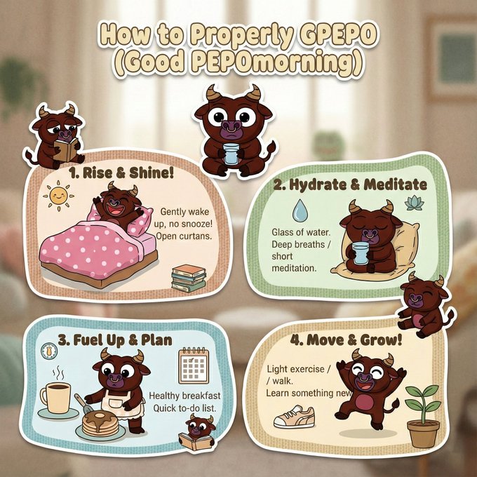 An infographic titled 'How to Properly GPEPO (Good PEPomorning)' featuring a cartoon bull illustrating a 4-step morning routine: Rise & Shine, Hydrate & Meditate, Fuel Up & Plan, and Move & Grow.