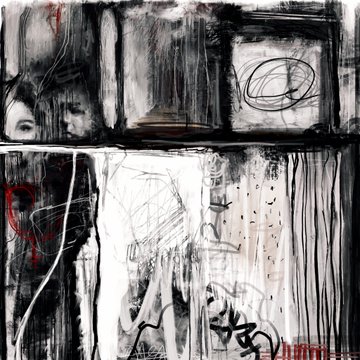 An abstract black, white, and red mixed-media artwork featuring sketchy figures, splatter marks, and graffiti-like scribbles.