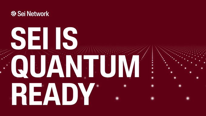 A promotional graphic with a dark red background displays the 'Sei Network' logo and the text 'SEI IS QUANTUM READY' in large white letters.
