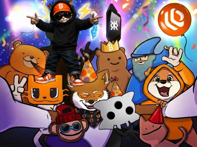 A colorful digital illustration featuring a child in a Bitcoin hat surrounded by various cartoon characters including bears, a fox, and meme figures in a party setting.