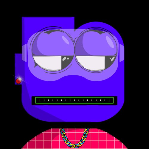 Cartoon illustration of a purple robot-like character wearing a pink checkered shirt with a multicolored chain necklace and a digital mouth display.