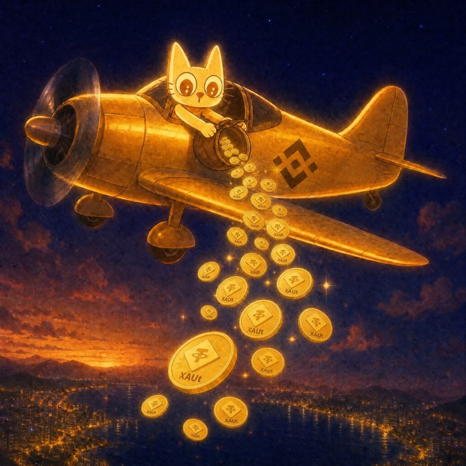 A cartoon cat pilots a golden vintage airplane through a starry twilight sky, raining down gold coins stamped with "XAUr" and a logo onto a glowing cityscape below, visually capturing the "stars aligning" theme and bullish tokenomics of $CETS.