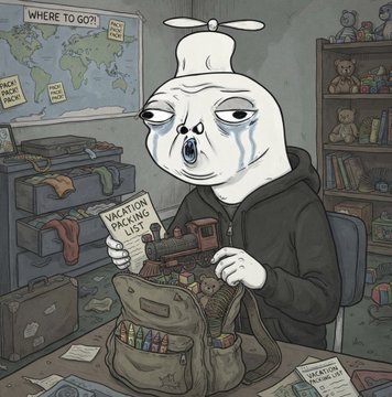 A sad-looking frog-headed character in a hoodie packs a "VACATION PACKING LIST" alongside a green passport, with a world map marked "WHERE TO GO?" and "BACK THIS PIECE" visible in the background. The image humorously represents the NFT project's roadmap, using travel metaphors to align with the post announcing upcoming free-mint collaborations with @bhretards and @shareHOODLers.