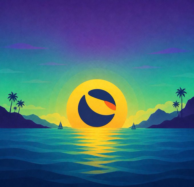 Stylized sunset illustration over a tropical ocean with palm trees, sailboats, and a yellow sun featuring a blue wave logo.