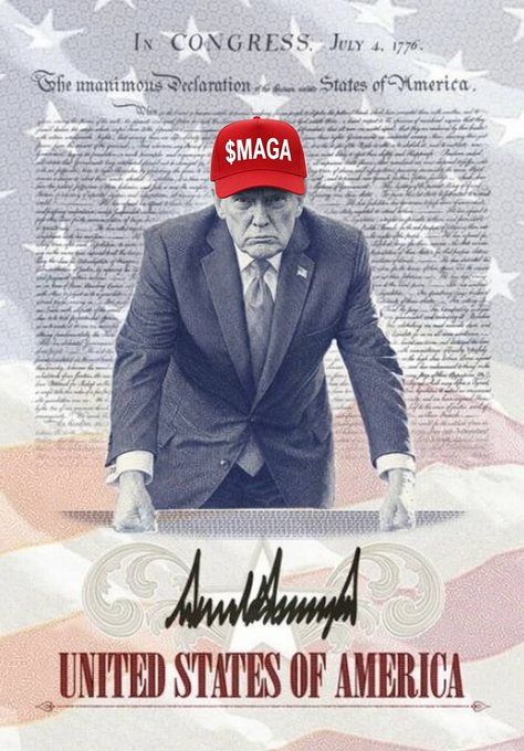 The image is a stylized passport page design featuring a man in a suit wearing a red "$MAGA" cap, superimposed over the text of the Declaration of Independence dated "July 4, 1776," with an American flag backdrop and a signature above the words "UNITED STATES OF AMERICA." It visually promotes a "Make America Great Again" ($MAGA) themed passport concept tied to the America 250 anniversary.
