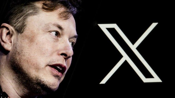 A close-up of Elon Musk's face next to the white X logo on a black background, representing the X (formerly Twitter) platform.