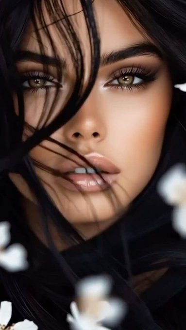 A digital portrait of a woman with long dark hair, green eyes, and detailed makeup, framed by delicate white flowers.