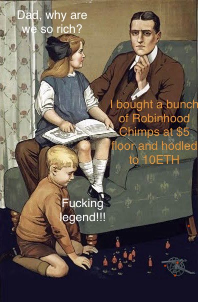A meme using a vintage painting format showing a father with children, with text jokes about buying Robinhood Chimps at $5 and 'hodling to 10ETH'.