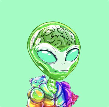 A shiny, iridescent chrome-style green alien character with large reflective eyes holding a colorful bubble bear figurine against a mint green background.