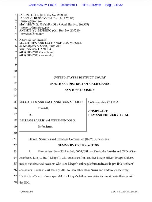 The first page of a US District Court complaint from the SEC against William Sarris and Joseph Endoso, Case No. 5:26-cv-11675, filed 10/09/26.