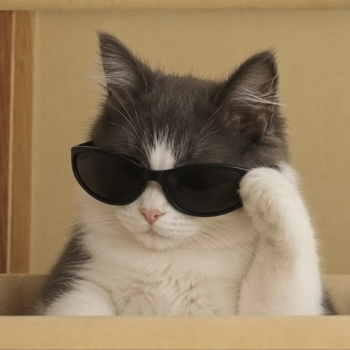 A fluffy grey and white kitten wears black sunglasses, holding one paw up to the frame as if adjusting them while sitting inside a cardboard box.
