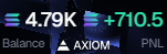 The image shows a trading account balance displaying 4.79K total with +710.5 profit/loss on the AXIOM V4 platform. This corresponds to the poster's achievement of earning 710 SOL on Day 348 after 15 hours of intense grinding.
