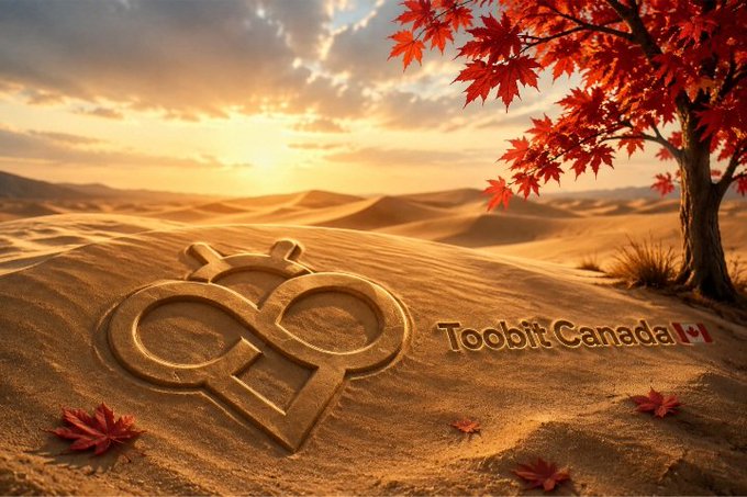 An artistic image shows a desert landscape at sunset with red maple leaves and tree, featuring a Bitcoin symbol sand drawing and 'Toobit Canada' text with a Canadian flag emoji.