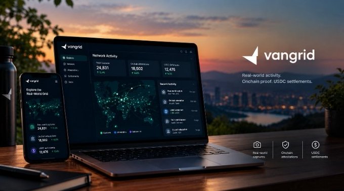 A laptop and smartphone display a dashboard interface for "vangrid," showing network activity statistics and a map, set against a sunset backdrop with the vangrid logo and text "Real-world activity. Onchain proof. USDC settlements."