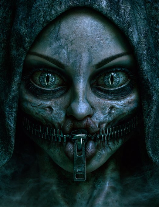 A close-up of a sinister, pale-skinned figure wearing a dark hood with textured, reptilian skin, striking green eyes, and a metal zipper pulled across their mouth.