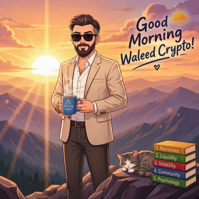 An illustrated graphic features a man holding a 'Good Morning Vibes!' mug against mountains and the sun, with the text 'Good Morning Waleed Crypto!' and a stack of books titled 'Narratives, Liquidity, Volatility, Community, Psychology.'