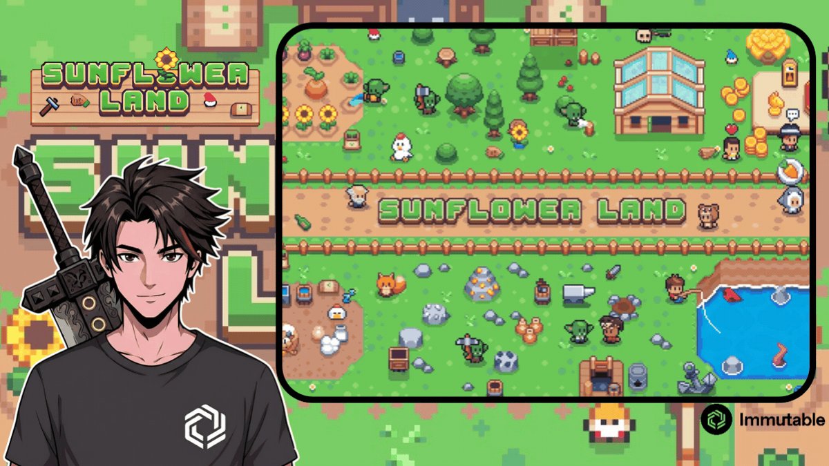The image features a man standing next to a map of the game "Sunflower Land". The man appears to be wearing a black t-shirt, with his face partially visible. The map displays various elements from the game, including buildings, trees, and other objects that are part of the gameplay experience. The post also includes text about the game's title, "Sunflower Land", as well as a link to the game's official website.