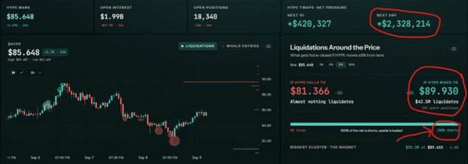 A cryptocurrency trading dashboard (Coinglass) showing HYPE data, with red circles highlighting next 24h liquidations of +$2,328,214 and HYPE short liquidations of $89.930M.